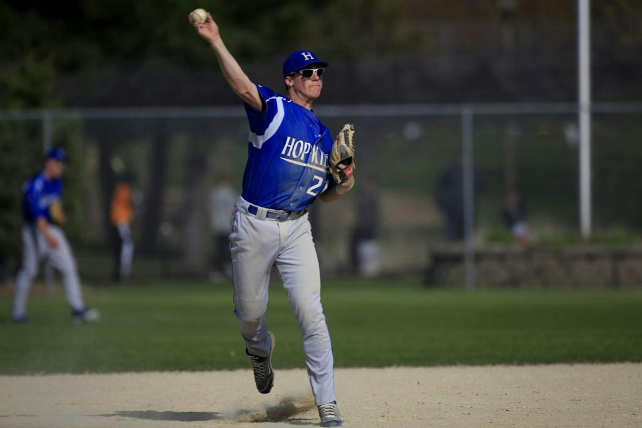 Third baseman Joey Brettingen fired a throw across the diamond Thursday, when Hopkins defeated Apple Valley 8-0. The Royals are 3-0 early on this season, with two shutout victories. Photo by JOEL KOYAMA • joel.koyama@startribune.com