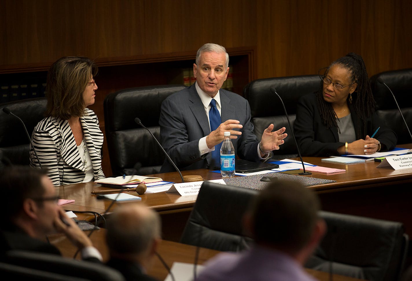 Governor Mark Dayton made a brief statement at the first child protection task force meeting on Monday morning. Co-Chairs Comm. Lucinda Jesson (left) and Toni Carter (right). ] BRIAN PETERSON • brian.peterson@startribune.com St. Paul, MN 10/13/14