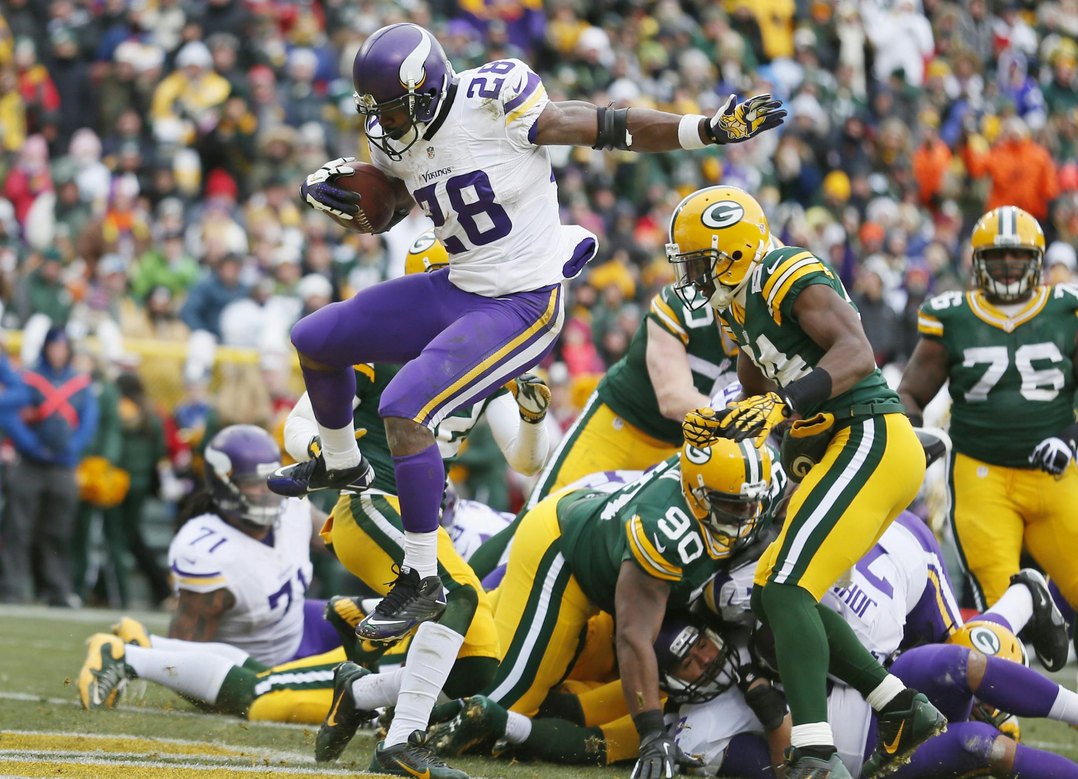 Vikings running back Adrian Peterson rushed for a season-high 146 yards against the Packers on Sunday.