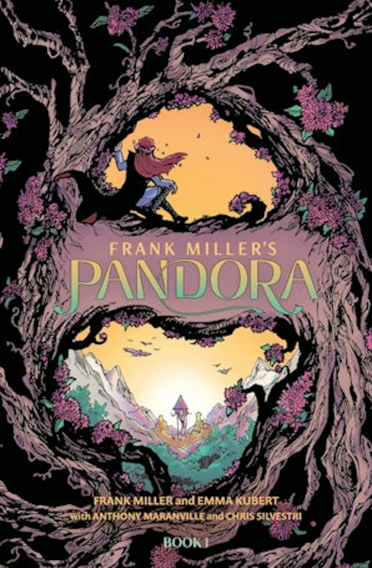 Cover of Frank Miller's Pandora features a drawing of someone in a tree, looking toward a far-off land