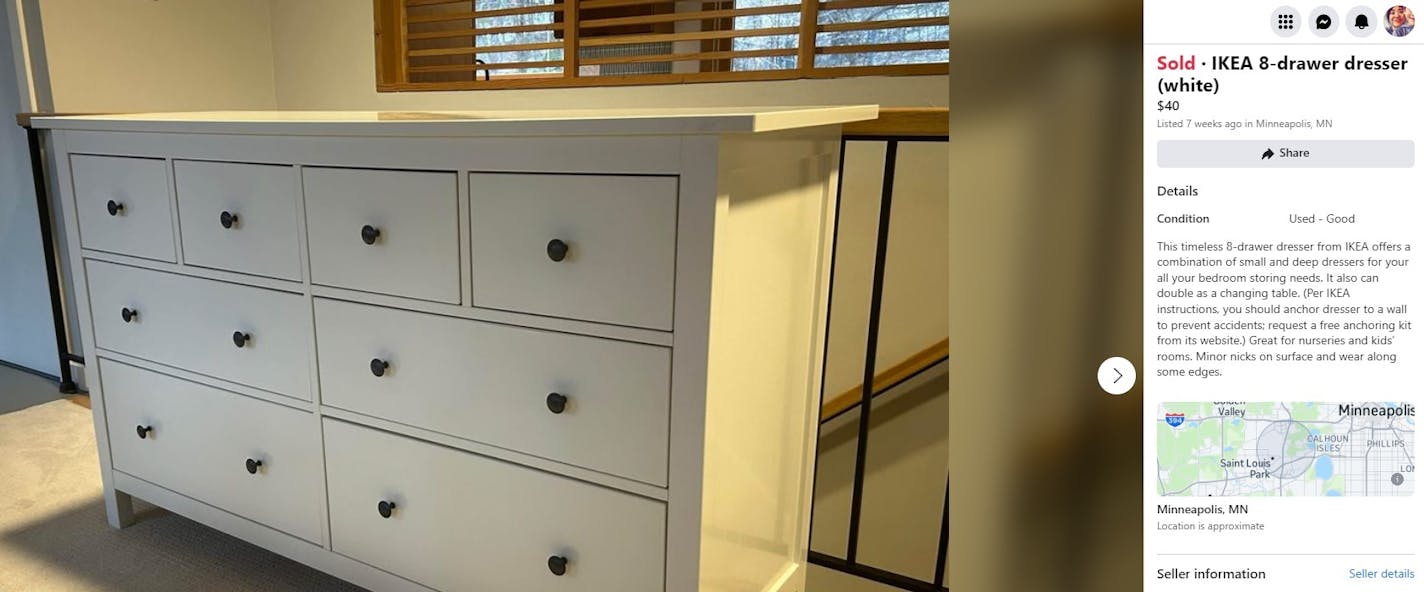 A screen shot shows a picture of a white eight-drawer dresser along with a short description of the item that was posted to Facebook Marketplace.