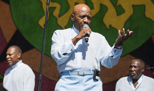 The O'Jays perform on the Congo Square Stage during the New Orleans Jazz & Heritage Festival in New Orleans, Sunday, April 28, 2019. (AP Photo/Sophia Germer)