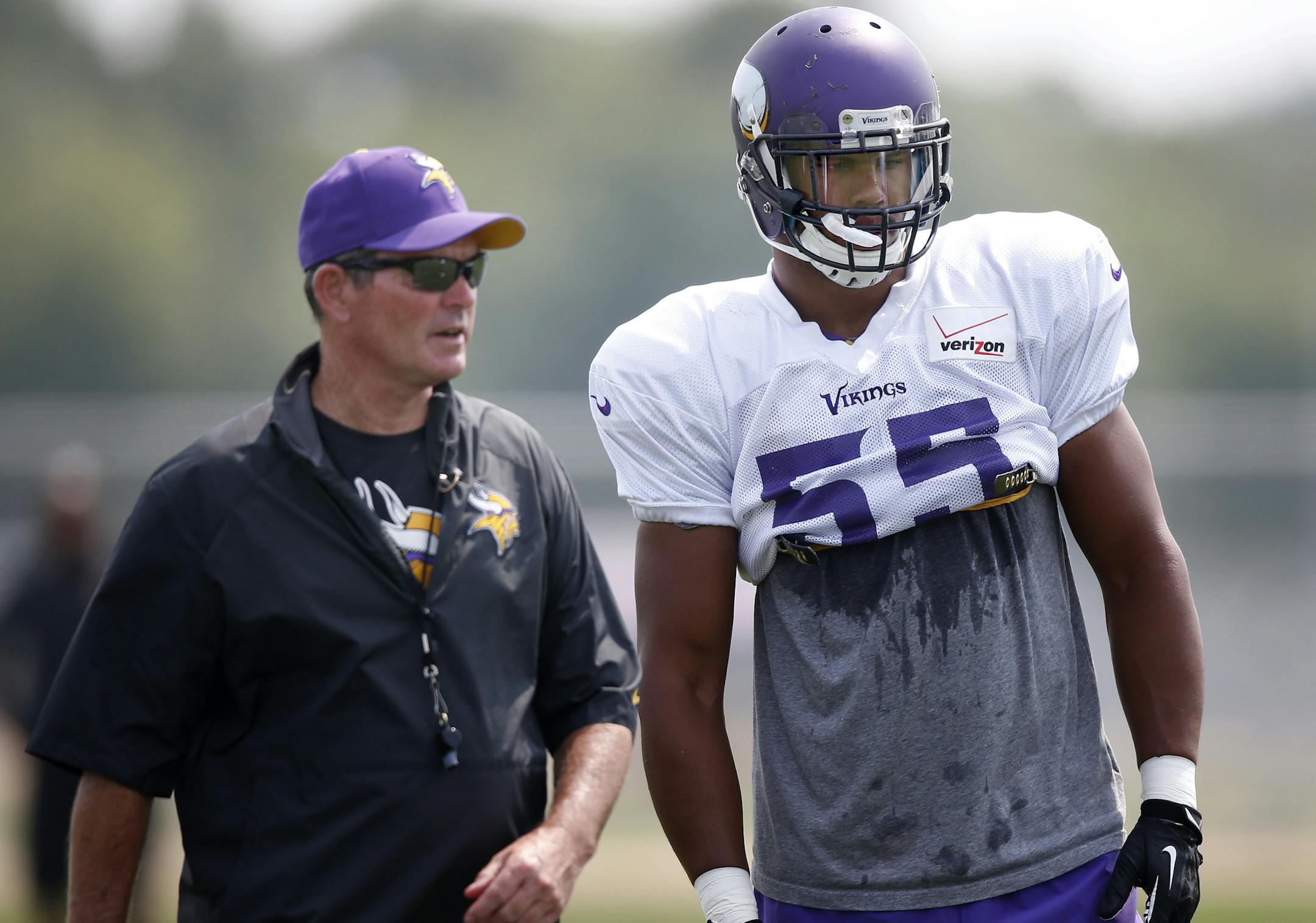 Minnesota Vikings head coach Mike Zimmer and rookie linebacker Anthony Baar (55) during the afternoon practice on Friday. ] CARLOS GONZALEZ cgonzalez@startribune.com - August 1, 2014 , Mankato, Minn., Minnesota State University, Mankato, Minnesota Vikings Training Camp, NFL,
