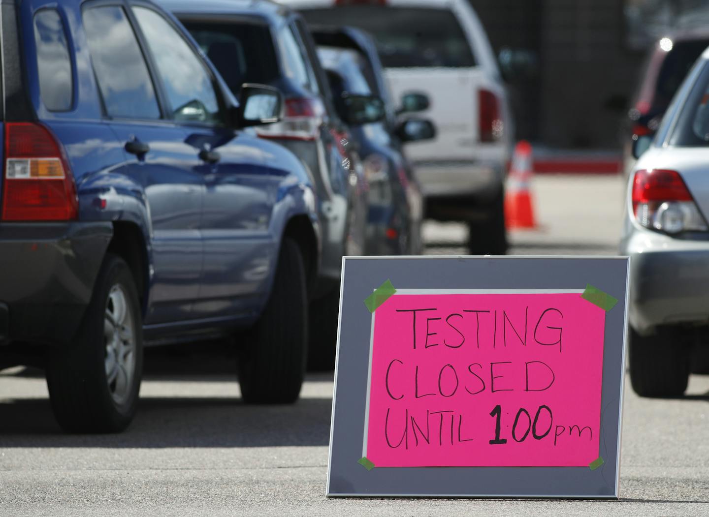 After test kits ran out within minutes of opening, motorists queue up to wait for more than two hours for a COVID-19 test at a Stride Community Health Center drive-thru testing site as a statewide stay-at-home order remains in effect in an effort to reduce the spread of the new coronavirus Tuesday, March 31, 2020, in Wheat Ridge, Colo. COVID-19 causes mild or moderate symptoms for most people, but for some, especially older adults and people with existing health problems, it can cause more sever