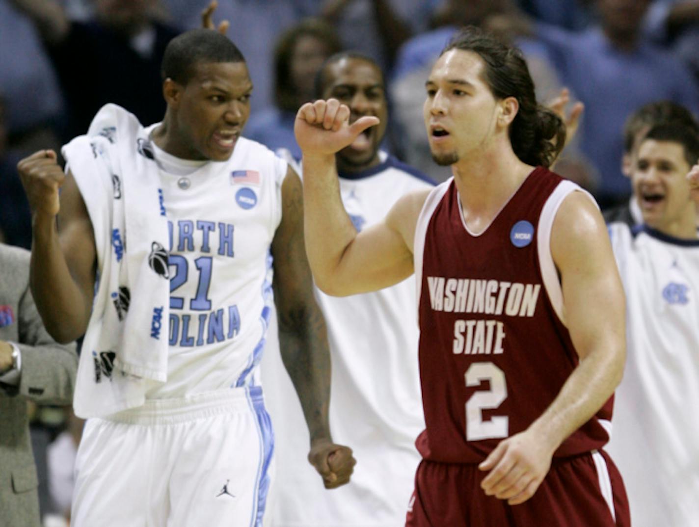 Washington State's Derrick Low (2) reacts to a call, in front of North Carolina's Deon Thompson (21) during the first half of an NCAA East Regional basketball semifinal Thursday, March 27, 2008, in Charlotte, N.C. (AP Photo/Chuck Burton)  ORG XMIT: NCCN109