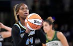 Chicago Sky's Ruthy Hebard eyes a free throw during a WNBA basketball game against the Seattle Storm Friday, July 28, 2023, in Chicago. (AP Photo/Char
