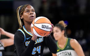 Chicago Sky's Ruthy Hebard eyes a free throw during a WNBA basketball game against the Seattle Storm Friday, July 28, 2023, in Chicago. (AP Photo/Char