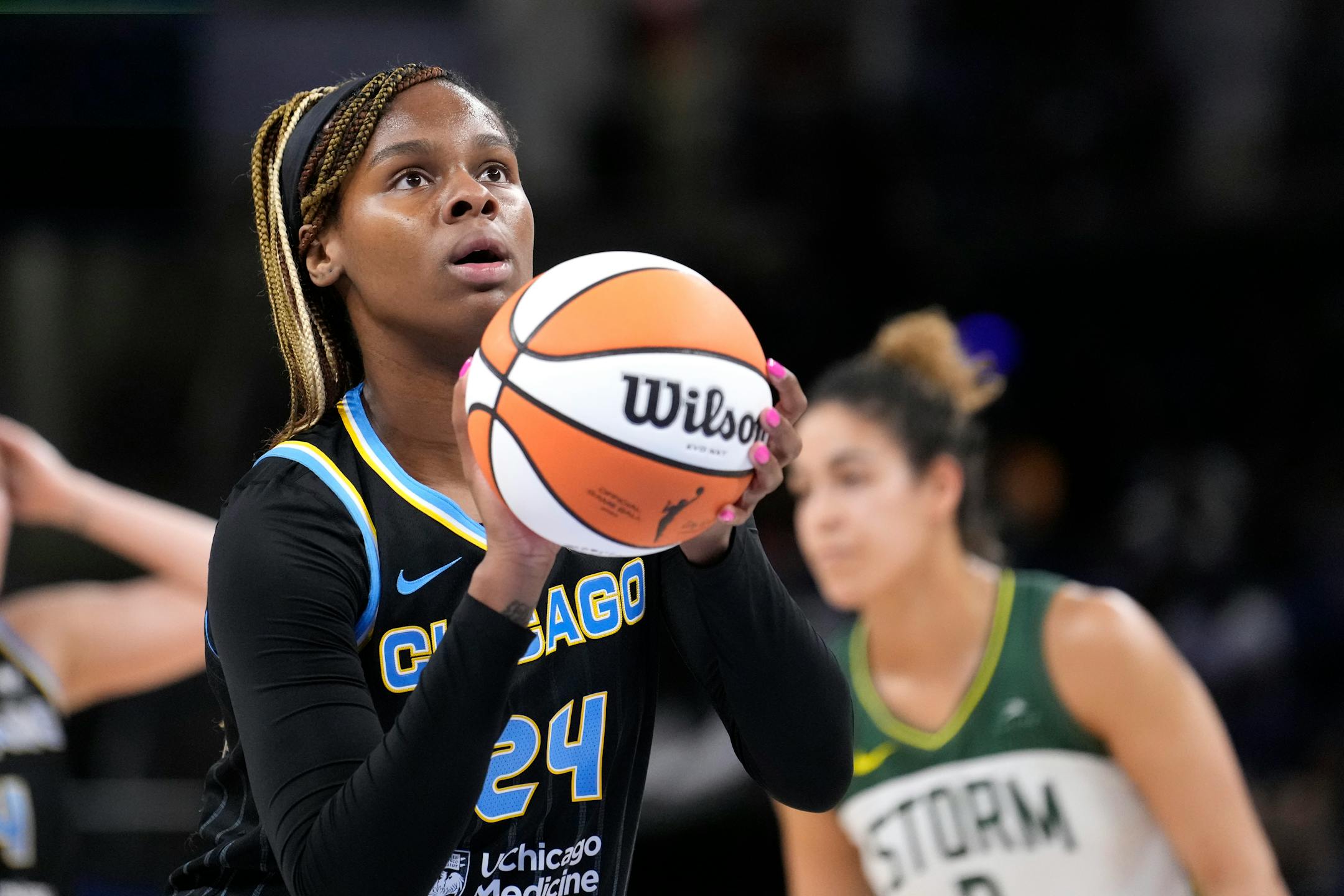 Chicago Sky's Ruthy Hebard eyes a free throw during a WNBA basketball game against the Seattle Storm Friday, July 28, 2023, in Chicago. (AP Photo/Charles Rex Arbogast)