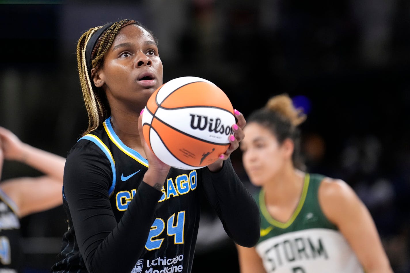 Chicago Sky's Ruthy Hebard eyes a free throw during a WNBA basketball game against the Seattle Storm Friday, July 28, 2023, in Chicago. (AP Photo/Charles Rex Arbogast)