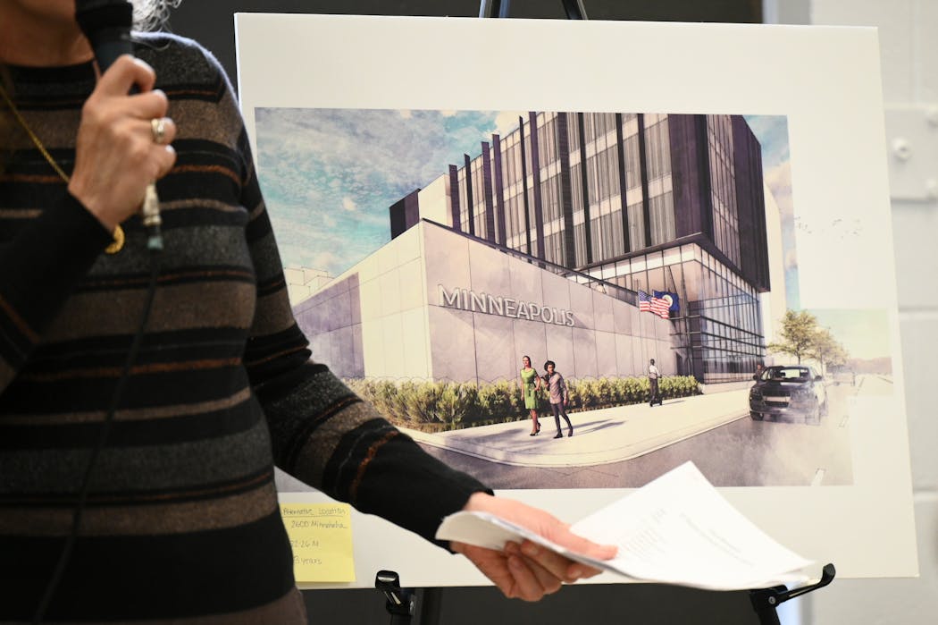 An architectural rendering of a new Third Precinct building proposed for the 2600 block of Minnehaha Avenue S. was on display during a listening session on April 18. 