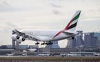 An Emirates plane lands in Boston. Emirates flies the world&#x2019;s longest route at 16&#xbd;&#x2009;hours from Dubai to Auckland, New Zealand.