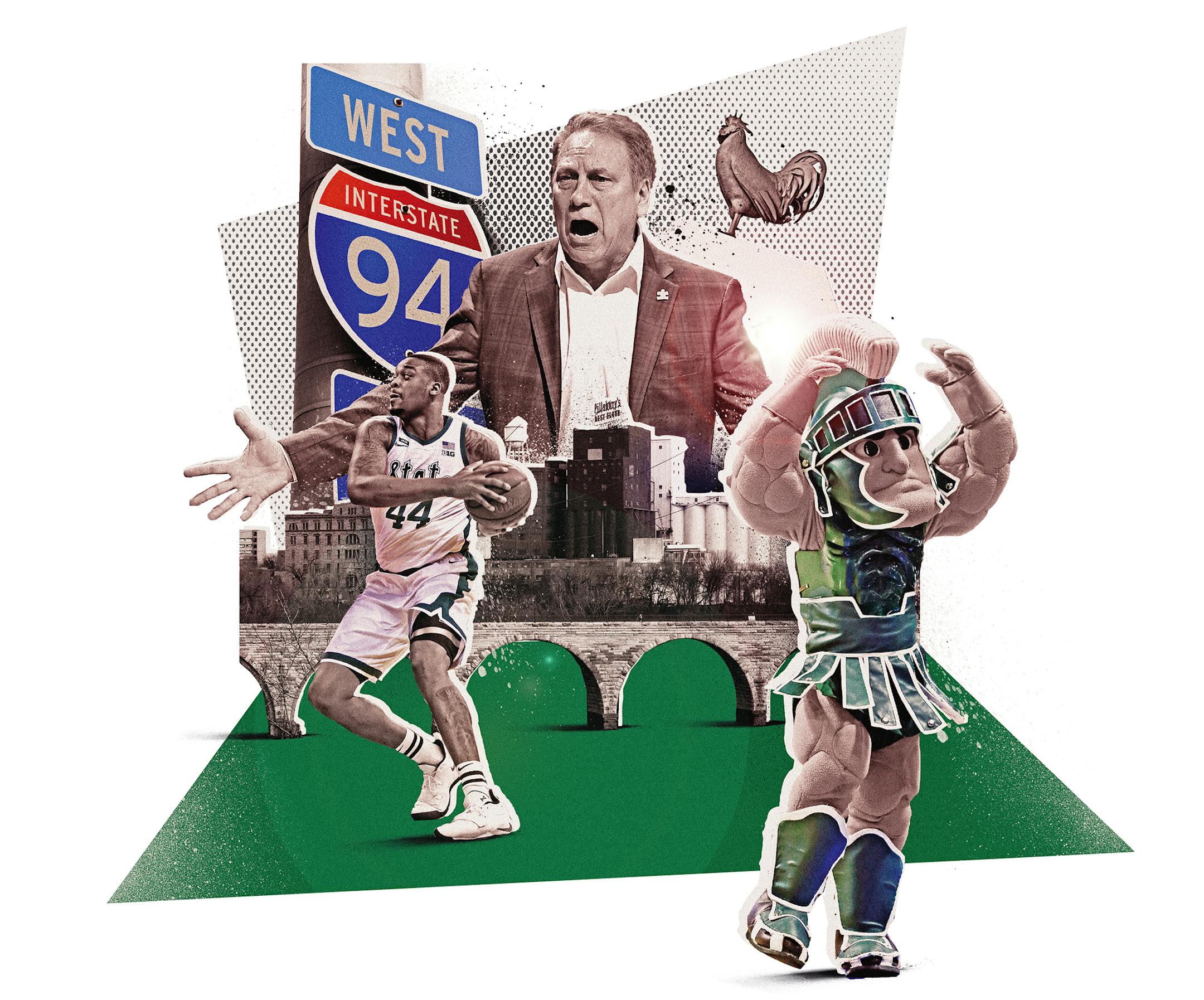 Coach Tom Izzo, Nick Ward and Sparty, MSU's mascot.