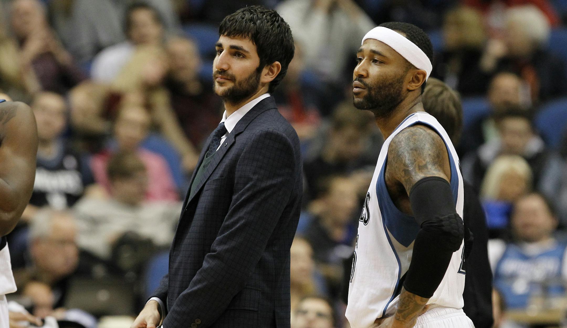 Timberwolves guard Ricky Rubio (center, with teammate Mo Williams) will play Monday night against the Mavericks in Dallas, presumably no more than 20 minutes. Rubio hasn't played a game since severely spraining his ankle in a Nov. 7 game at Orlando.