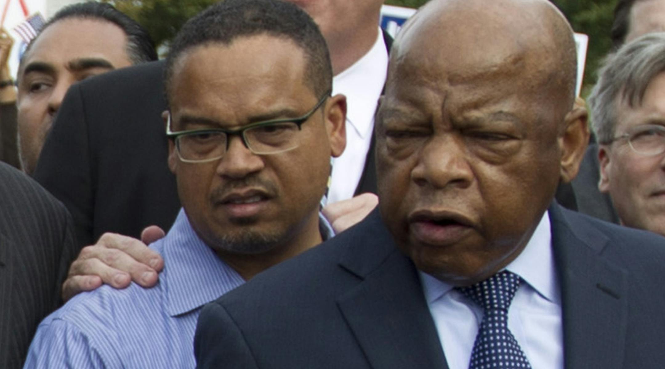 Members of the congress Rep. Luis Gutierrez D-IL, Rep. Keith Ellison D-MN, Rep. Charles Rangel, D-NY Rep. John Lewis D-GA among others protest outside of Capitol Hill during a immigration demonstration at the National Mall in Washington, on Tuesday, Oct. 8, 2013, to demand the House Republican leadership pass comprehensive immigration reform with a path to citizenship. ( AP Photo/Jose Luis Magana) ORG XMIT: DCJL146