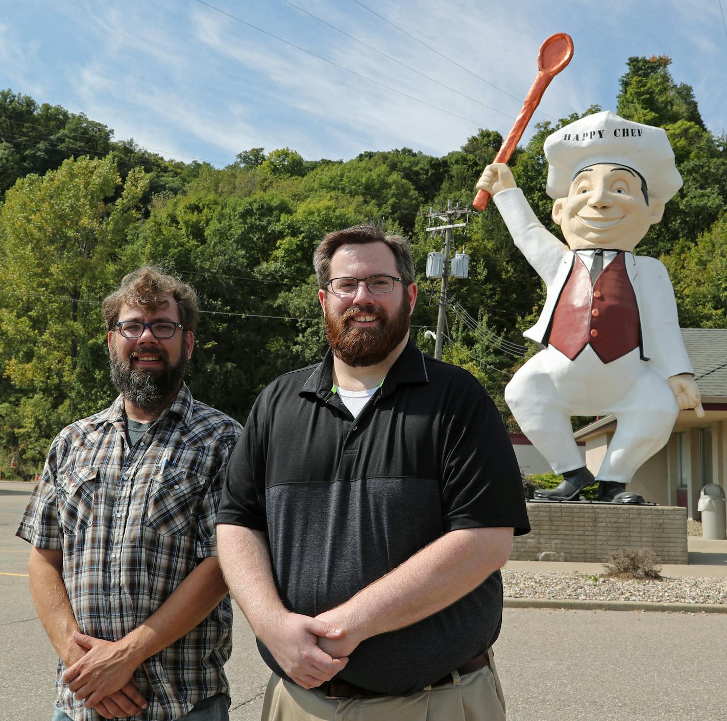 The voice of the Happy Chef, Ben Findley (left), and restaurant owner Adrian Swales were photographed in Mankato on Wednesday, Sept. 12, 2018. ] Shari L. Gross &#xef; shari.gross@startribune.com After more than 20 years of laryngitis, the Happy Chef in Mankato has gotten his voice back. After buying the restaurant last year, owner Adrian Swales knew he wanted the Chef's voice to return, and was confident the jovial voice would best come from his friend Ben Findley.