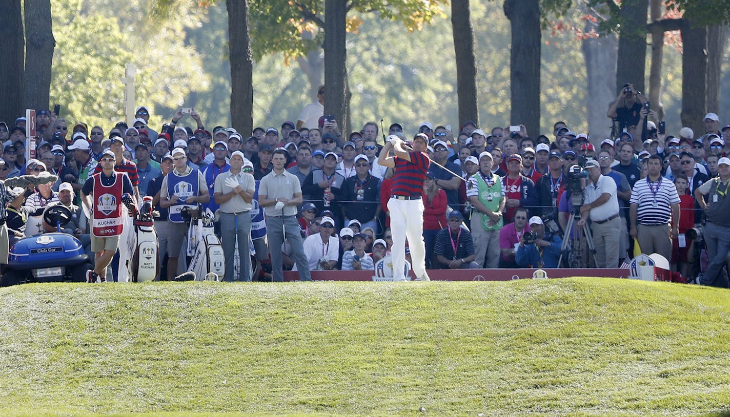 The United States' Phil Mickelson is surrounded by the gallery on the 6th tee during the afternoon four-ball session in the Ryder Cup on Saturday, Oct. 1, 2016, at Hazeltine National Golf Club in Chaska, Minn. (Jerry Holt/Minneapolis Star Tribune/TNS) ORG XMIT: 1191016