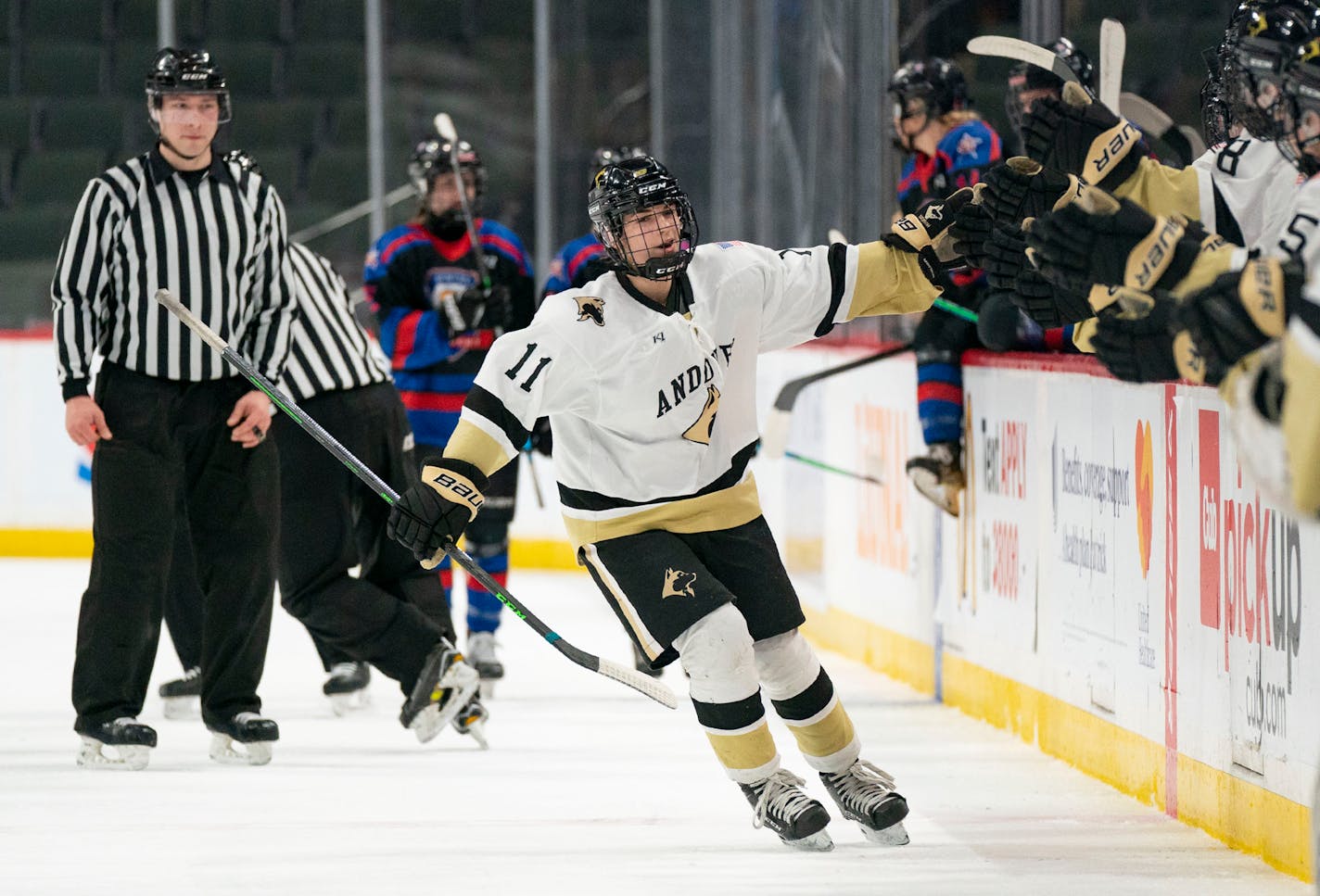 Andover forward Maya Engler celebrates after scoring a goal against Gentry Academy in the Class 2A girls' hockey semifinals