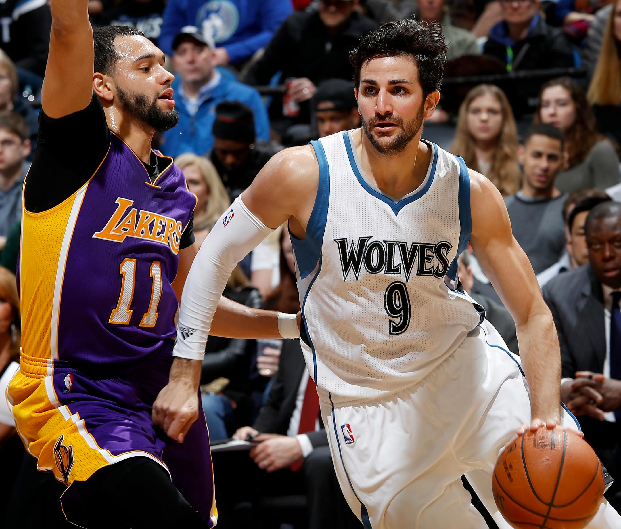 Ricky Rubio (9) was defended by Tyler Ennis (11) in the second quarter. ] CARLOS GONZALEZ • cgonzalez@startribune.com - March 30, 2017, Minneapolis, MN, Target Center, NBA Basketball, Minnesota Timberwolves vs. Los Angeles Lakers