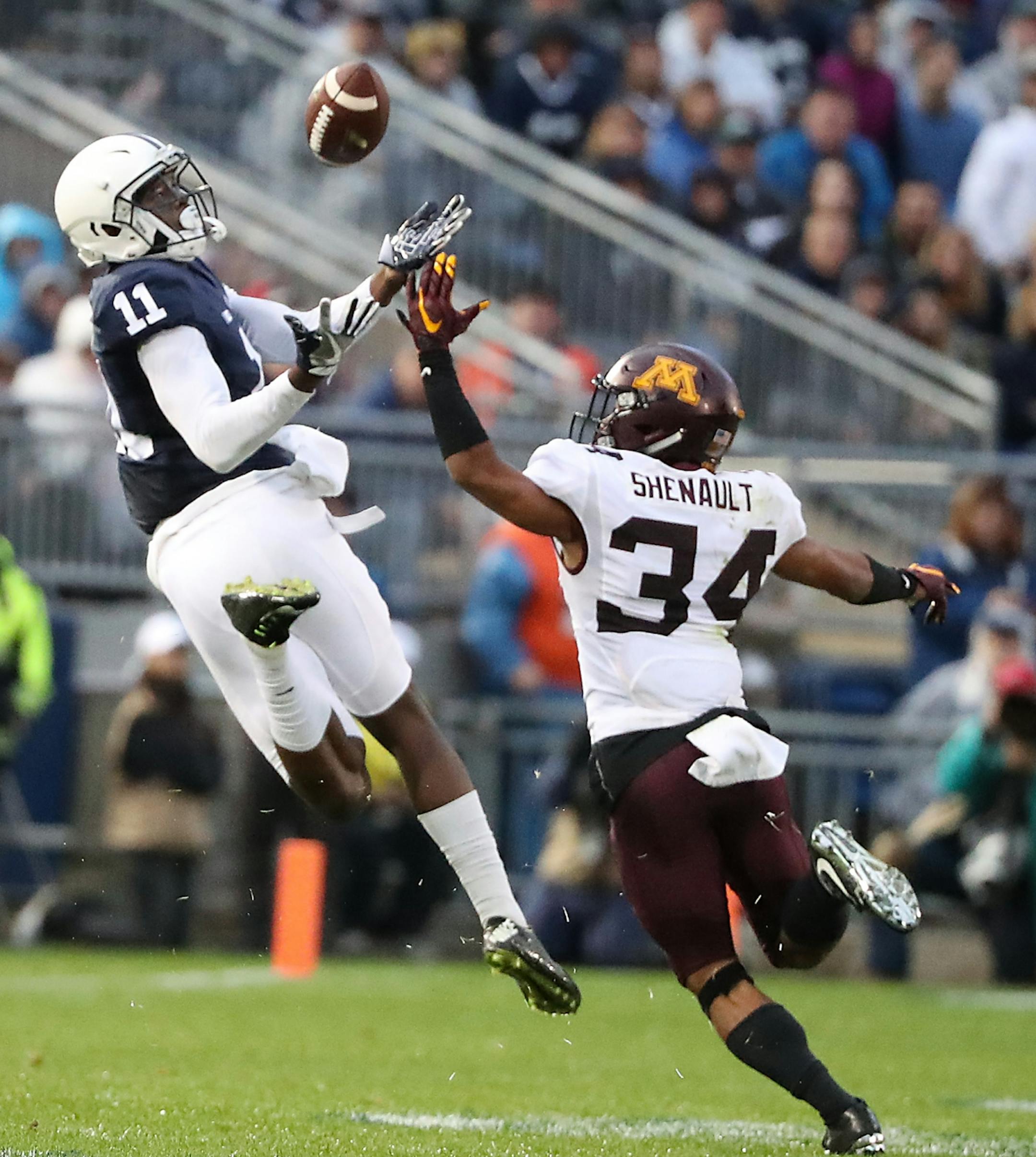 Minnesota's defensive back Antonio Shenault was given a penalty on a pass intended for Penn State's wide receiver Irvin Charles in the third quarter as Minnesota took on Penn State at Beaver Stadium, Saturday, October 1, 2016 in State College, PA.