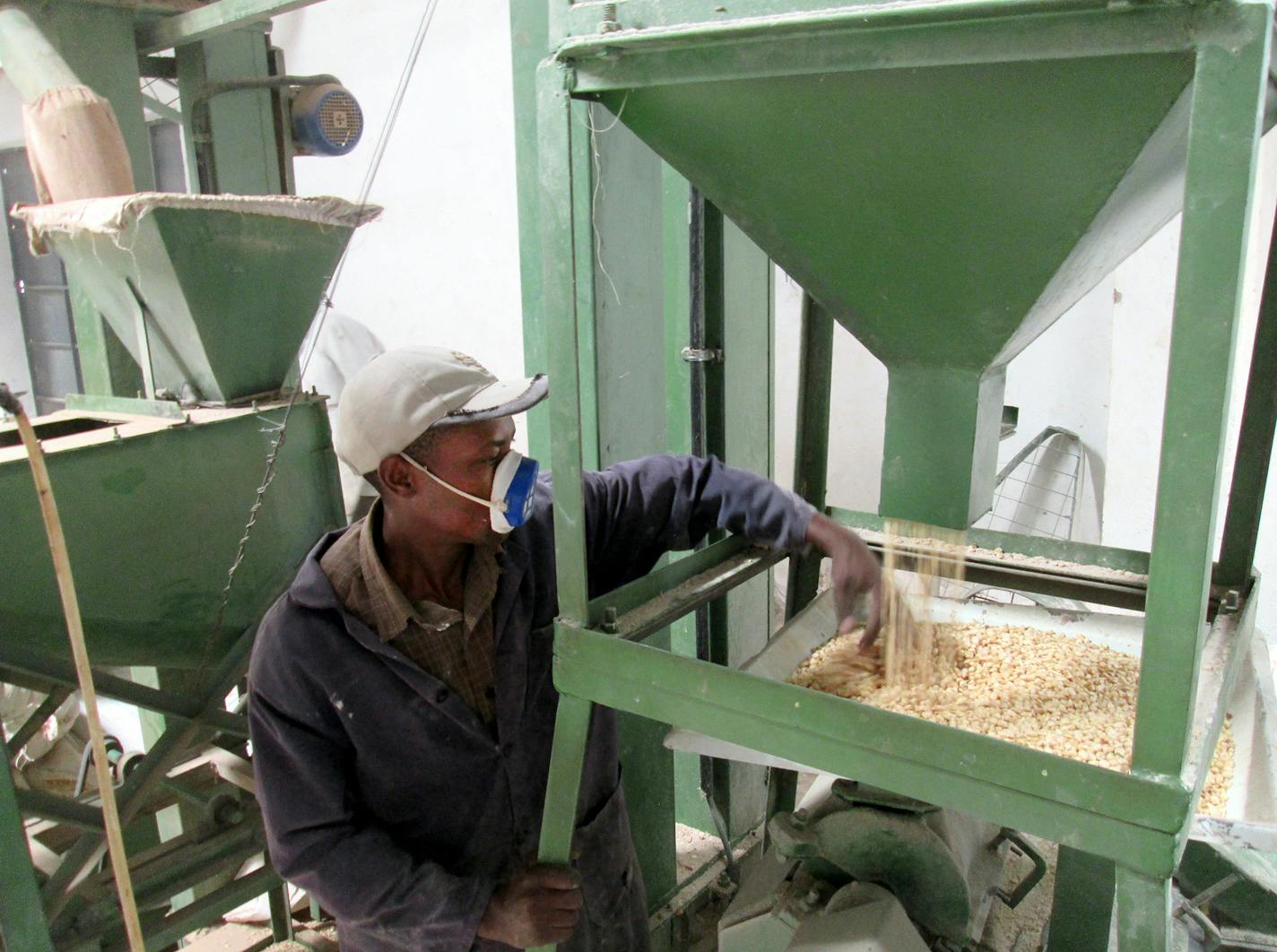 Worker milling corn at Classic Foods in Kenya