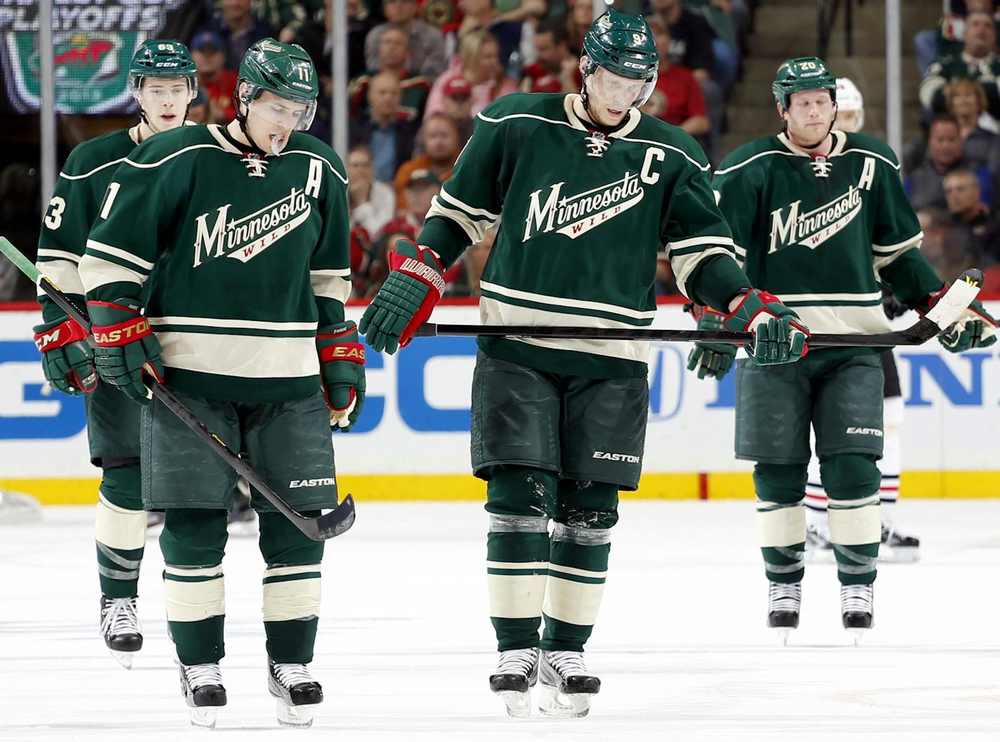 The Wild&#x2019;s top line &#x2014; from left, Charlie Coyle, Zach Parise and Mikko Koivu &#x2014; and top defenseman, Ryan Suter, wore the look of dejection during the Game 4 loss.