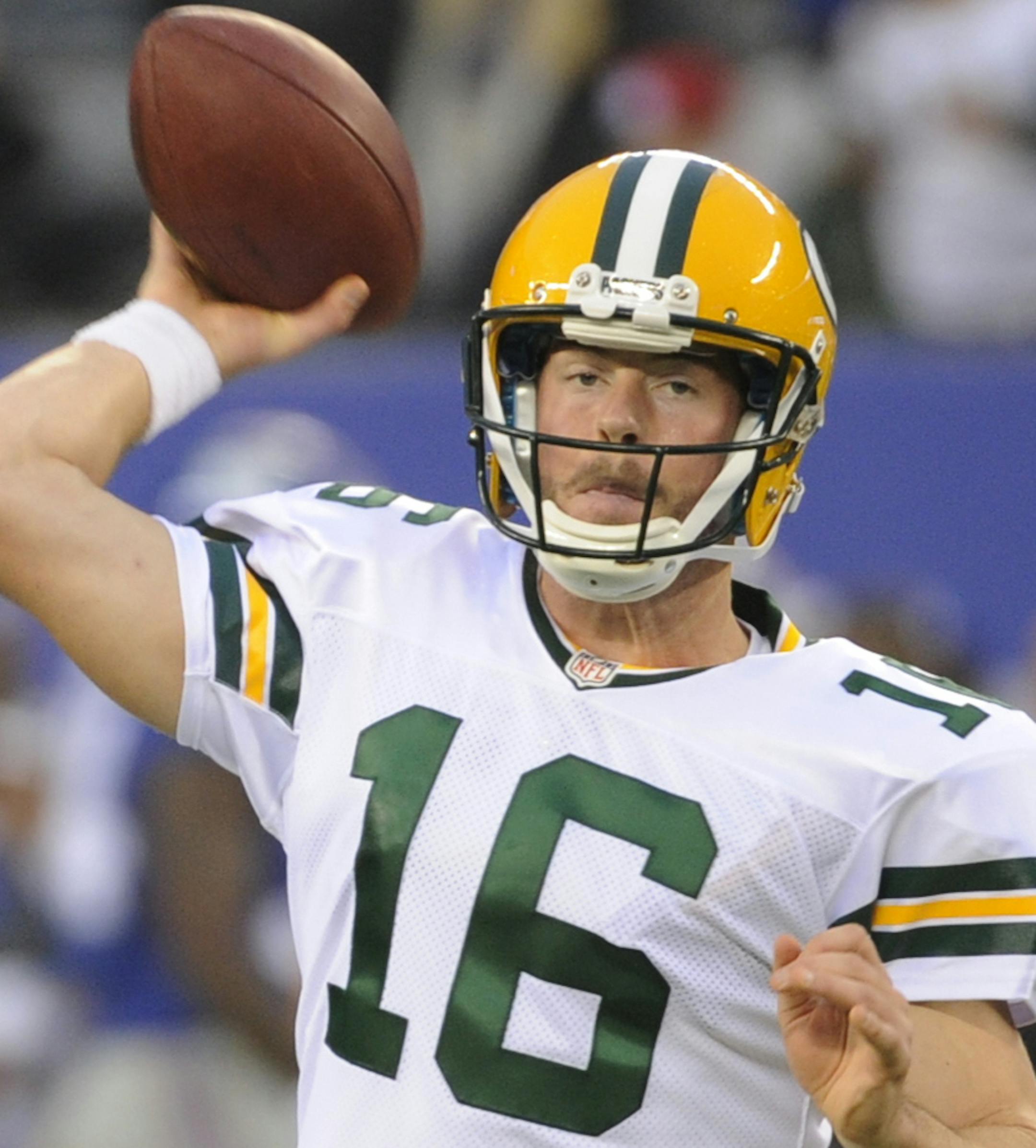Green Bay Packers' Scott Tolzien (16) warms up before an NFL football game against the New York Giants Sunday, Nov. 17, 2013, in East Rutherford, N.J. (AP Photo/Bill Kostroun) ORG XMIT: NYOTK