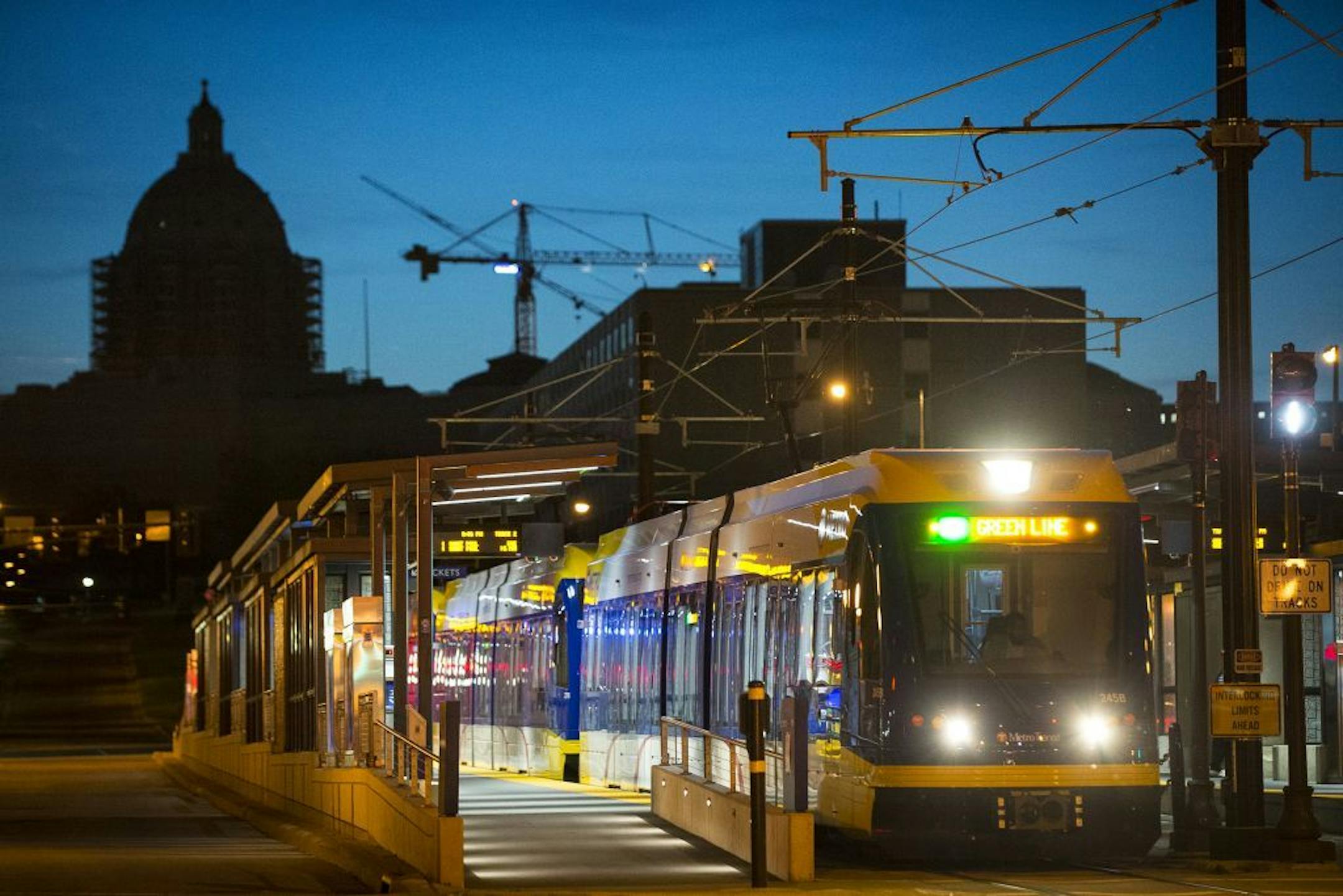 An eastbound Green Line train passed through St. Paul at the 10th Street Station on Friday night.