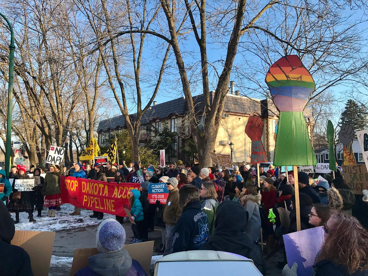 The protest Friday afternoon on the Lake Street-Marshall Avenue bridge was focused on the Dakota Access pipeline.