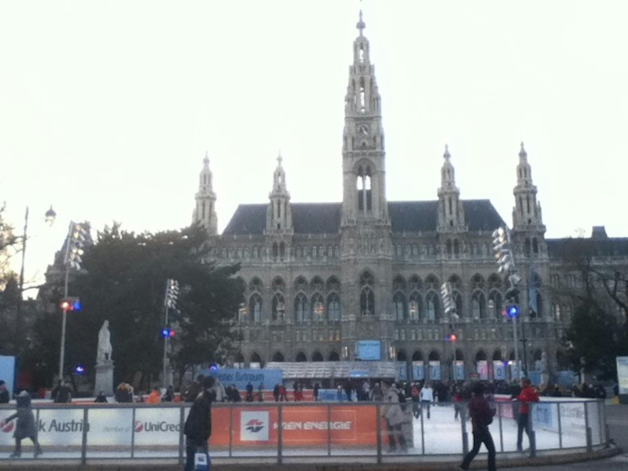 The town hall with an ice rink out front.