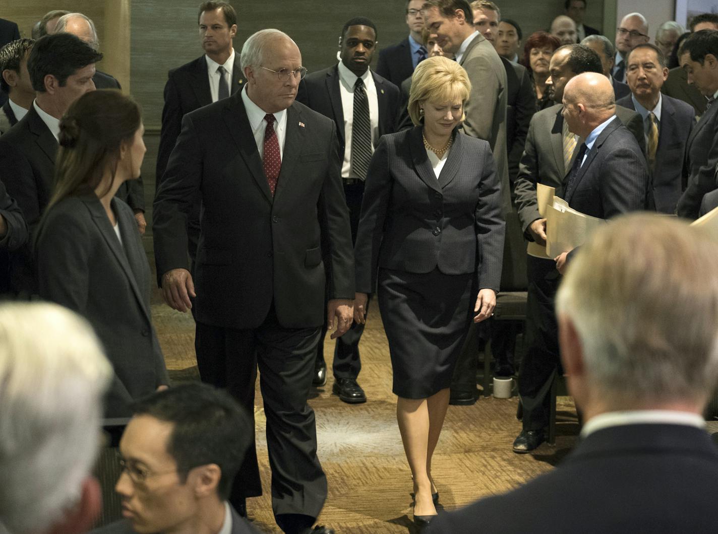 This image released by Annapurna Pictures shows Christian Bale as Dick Cheney, left, and Amy Adams as Lynne Cheney in a scene from "Vice." (Matt Kennedy/Annapurna Pictures via AP)