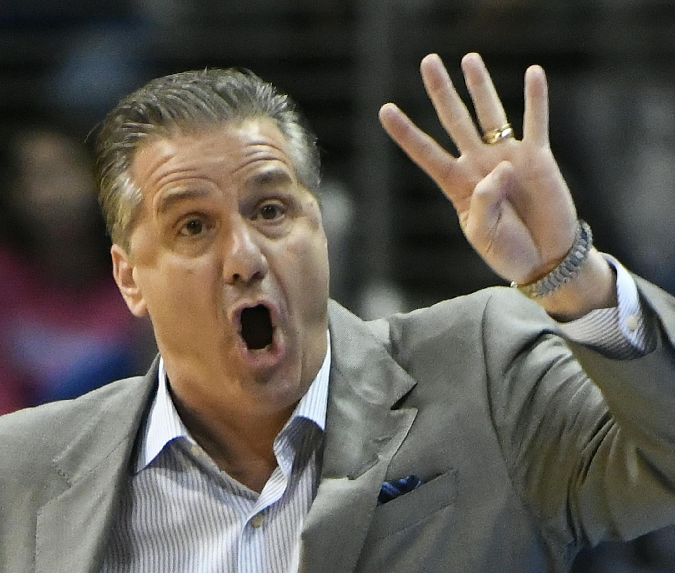 Kentucky head coach John Calipari speaks during the first half of a regional semifinal NCAA college basketball game against Kansas State, Thursday, March 22, 2018, in Atlanta. (AP Photo/John Amis) ORG XMIT: GAMS134