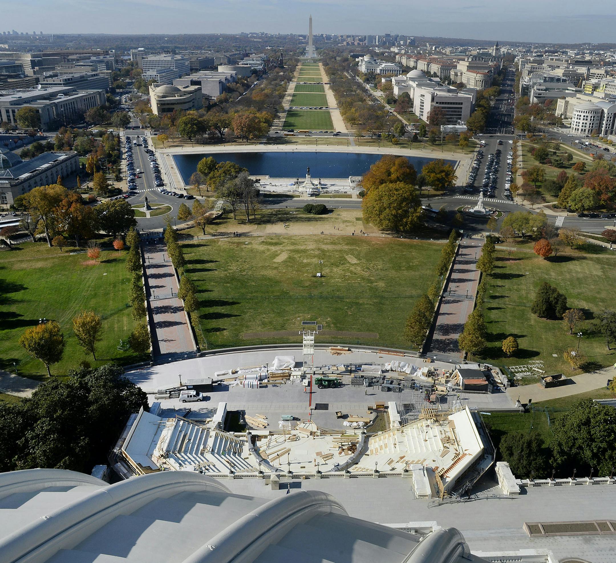 The Presidential Inauguration Stand is seen under construction from the recently restored US Capitol dome, Nov. 15, 2016 in Washington, D.C. (Olivier Douliery/Abaca Press/TNS)