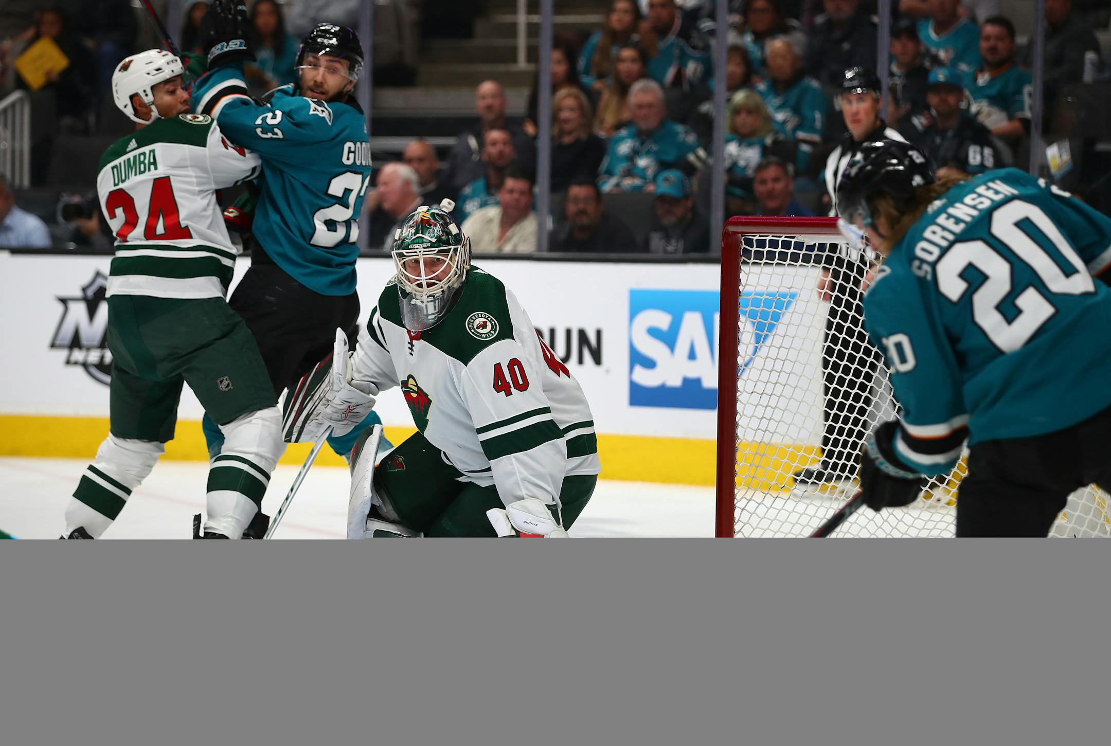 San Jose Sharks' Marcus Sorensen, right, scores a goal against Wild goalie Devan Dubnyk during the first period