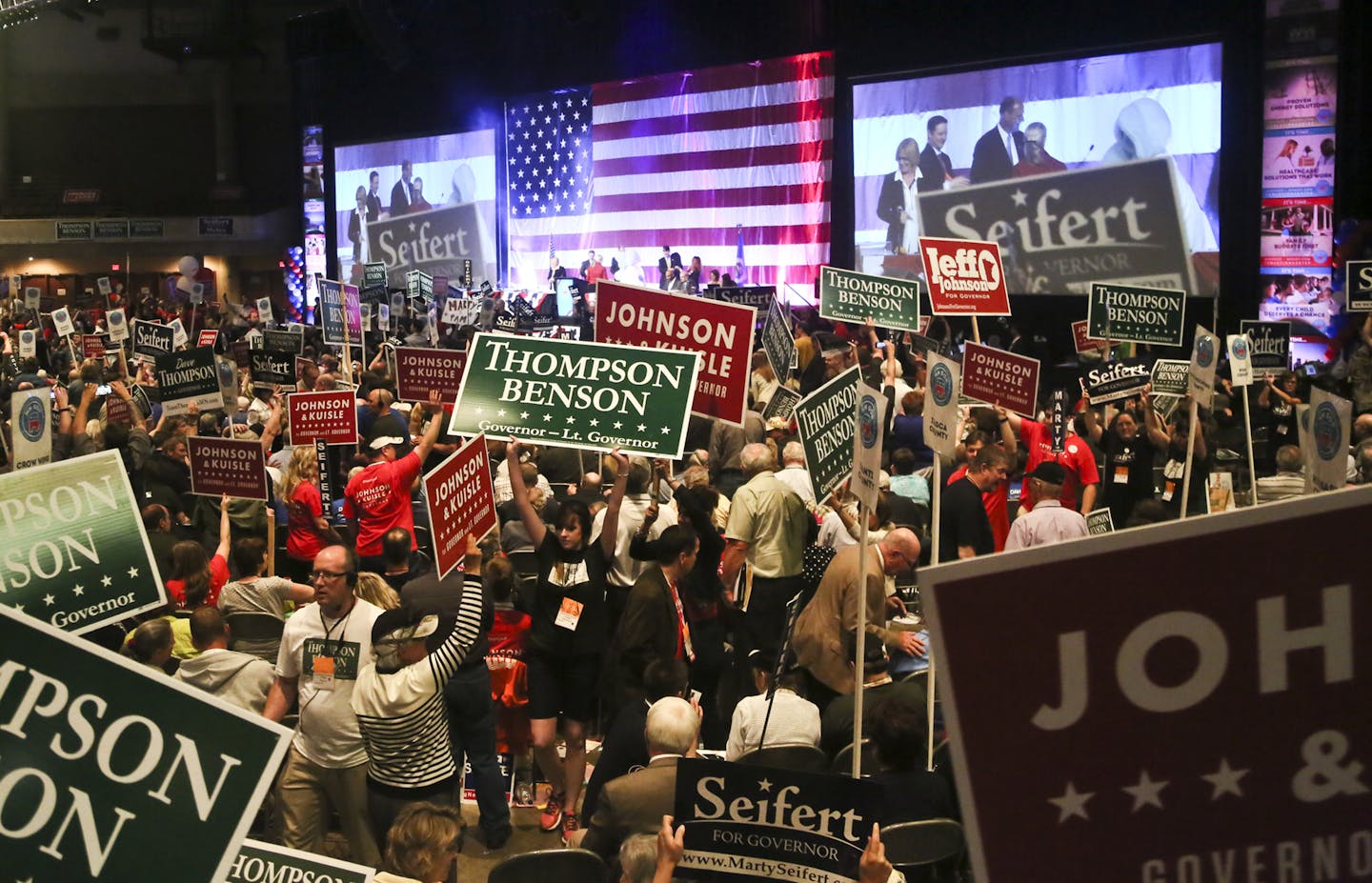 The aisles were crowded and filled with competing political placards during the Republican Governor's nomination race at the Minnesota Republican Party Convention at the Rochester Civic Center Saturday, May 30, 2014, in Rochester, MN.](DAVIDJOLES/STARTRIBUNE) djoles@startribune.com Minnesota Republican Party Convention at the Rochester Civic Center Saturday, May 31, 2014 ORG XMIT: MIN1405311838020129