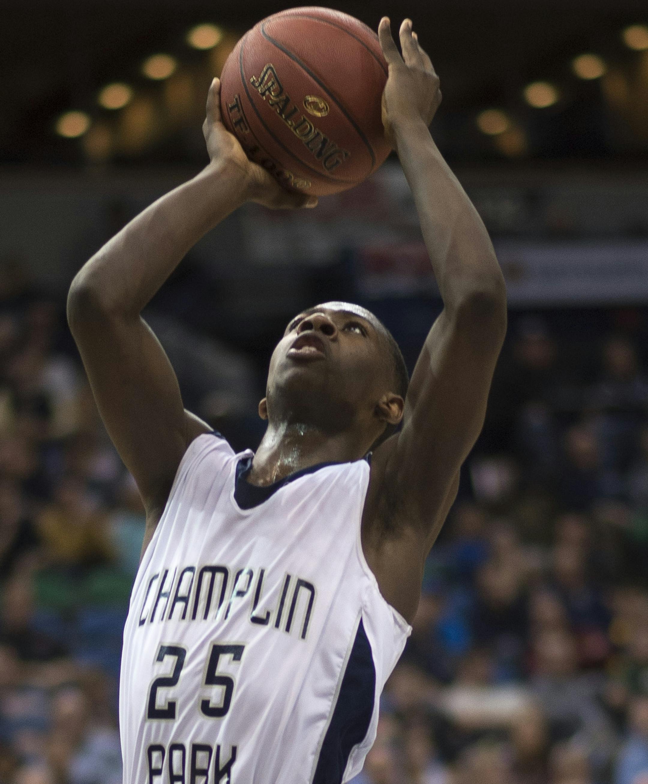 Champlin Park guard McKinley Wright (25) scored during a layup agains Shapokee in the second half. ] (Aaron Lavinsky | StarTribune) Shakopee plays Champlin Park in the boys' basketball Class 4A semifinals on Thursday, March 12, 2015 at Target Center. Champlin Park beat Shapokee 65-57.