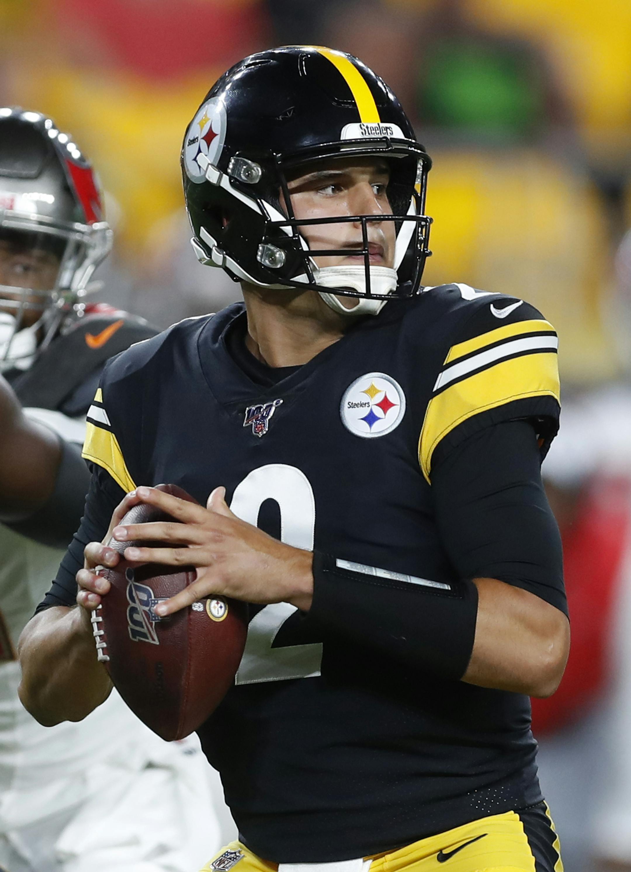 Pittsburgh Steelers quarterback Mason Rudolph (2) looks to pass during the second half of an NFL football game against the Tampa Bay Buccaneer in Pittsburgh, Friday, Aug. 9, 2019. (AP Photo/Keith Srakocic)