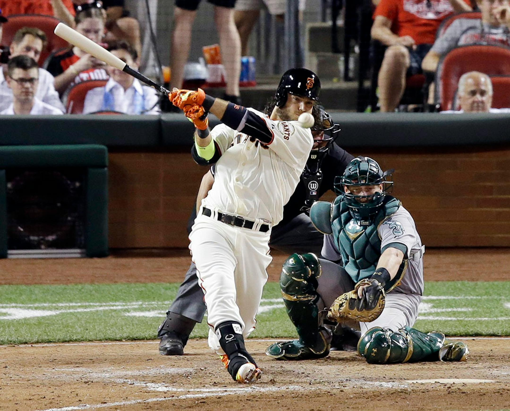 National League's Brandon Crawford, of the San Francisco Giants, grounds out during the seventh inning of the MLB All-Star baseball game, Tuesday, July 14, 2015, in Cincinnati.