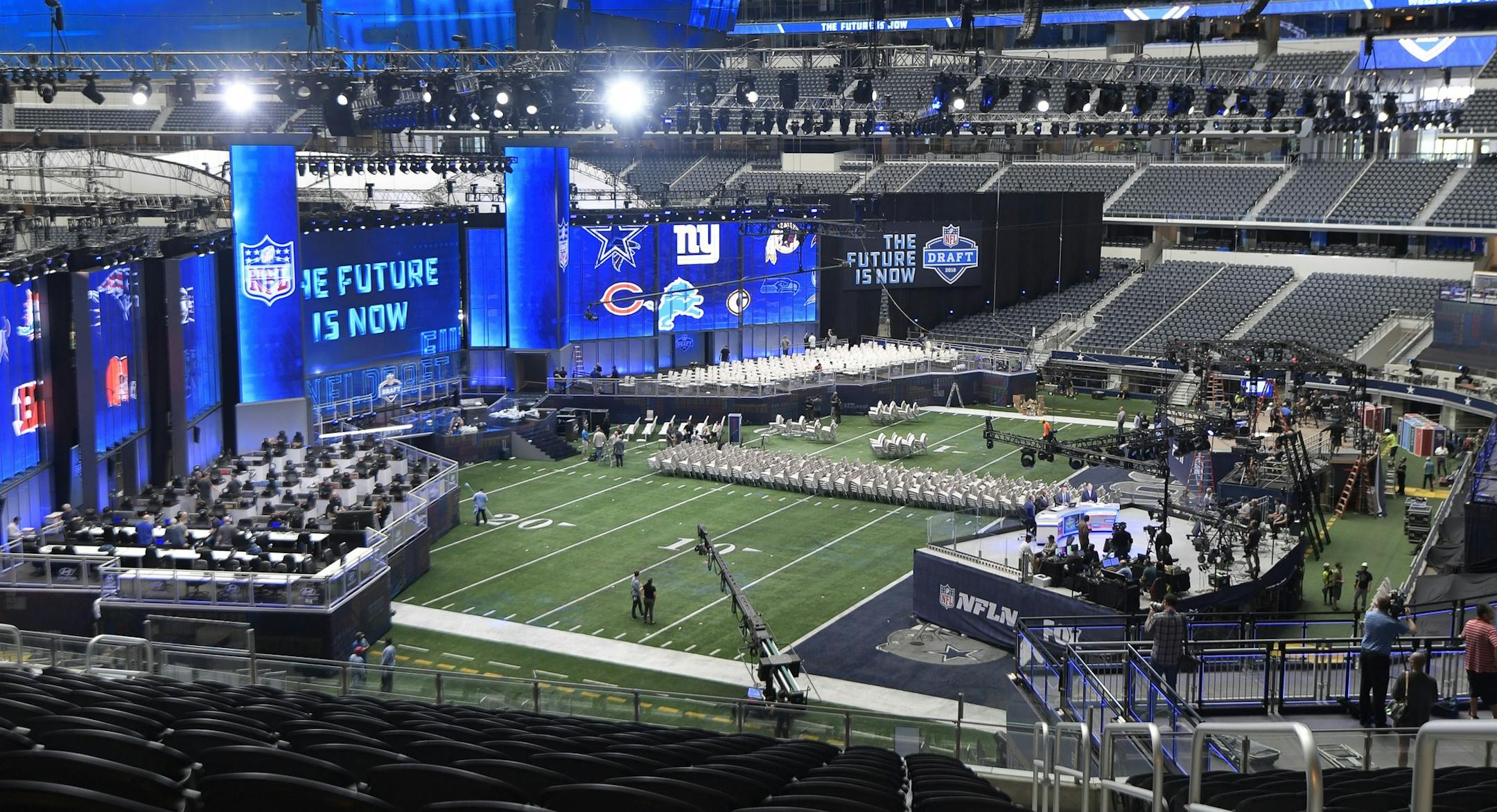 Preview of the 2018 NFL Draft Theater, which is being built on the field of AT&T Stadium in Arlington, Texas, on Tuesday, April 24, 2018. This is the first time, the draft is taking place at an NFL stadium, allowing more fans than ever before to watch their favorite team's selections live. (Max Faulkner/Fort Worth Star-Telegram/TNS) ORG XMIT: 1229475