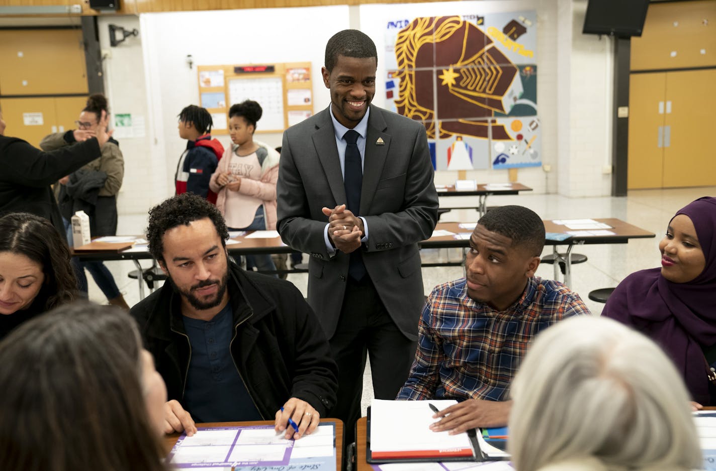 St. Paul Mayor Melvin Carter chatted with community members in "Summit workshops" after he gave the State of the City address at Harding High School in St. Paul, Minn., on Thursday, March 14, 2019. The workshops were meant to be conversations about making St. Paul more welcoming, safe and inclusive. ] RENEE JONES SCHNEIDER &#xa5; renee.jones@startribune.com