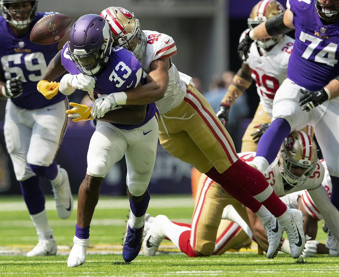 Fred Warner (48) forced Dalvin Cook (33) to fumble in the second quarter. ] CARLOS GONZALEZ &#xef; cgonzalez@startribune.com &#xf1; September 9, 2018, Minneapolis, MN, US Bank Stadium, NFL, Minnesota Vikings vs San Francisco 49ers