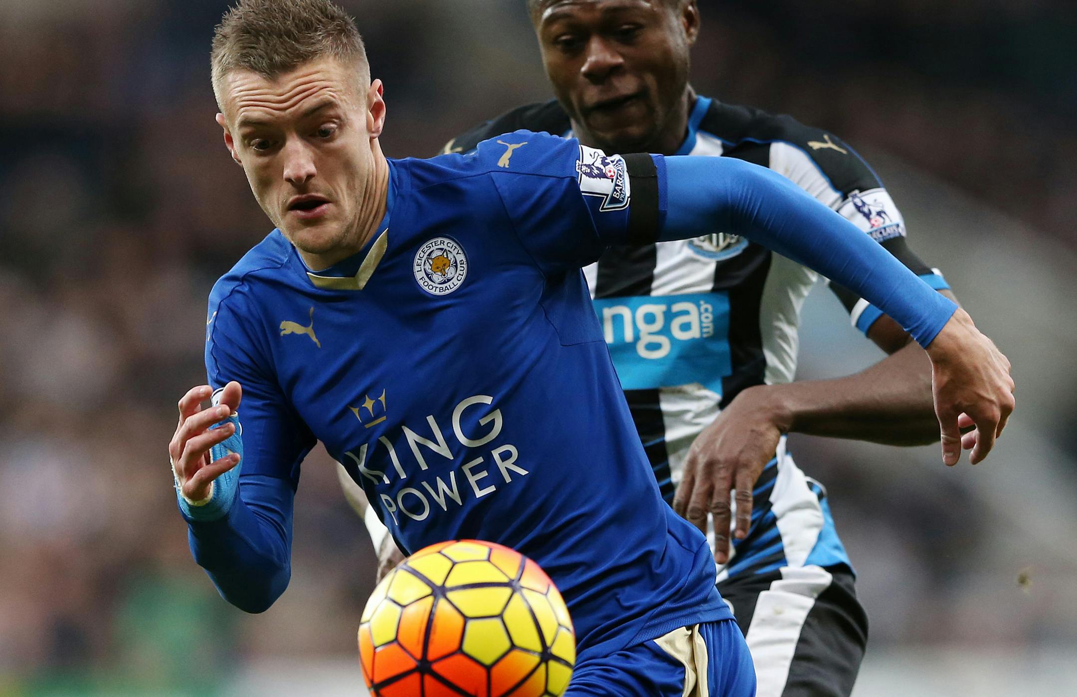 Leicester City's Jamie Vardy during the English Premier League soccer match between Newcastle United and Leicester City at St James' Park, Newcastle, England, Saturday, Nov. 21, 2015. (AP Photo/Scott Heppell) ORG XMIT: NSH143
