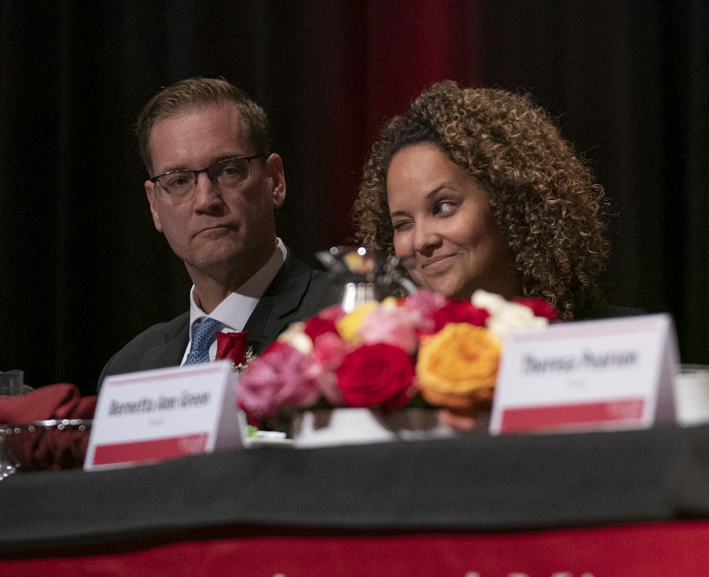 Jessica Davis winked at her family in the audience moments before she was named 2019 Minnesota Teacher of the Year Sunday afternoon. Other finalists seated with her included Jeffrey Davies, Bernetta Ann Green, and Theresa Pearson, from left. ] JEFF WHEELER &#x2022; jeff.wheeler@startribune.com Education Minnesota named Jessica Davis a math teacher at South St. Paul Secondary school their 2019 Minnesota Teacher of the Year Sunday afternoon, May 5, 2019 at a banquet at St. Paul RiverCentre in St.