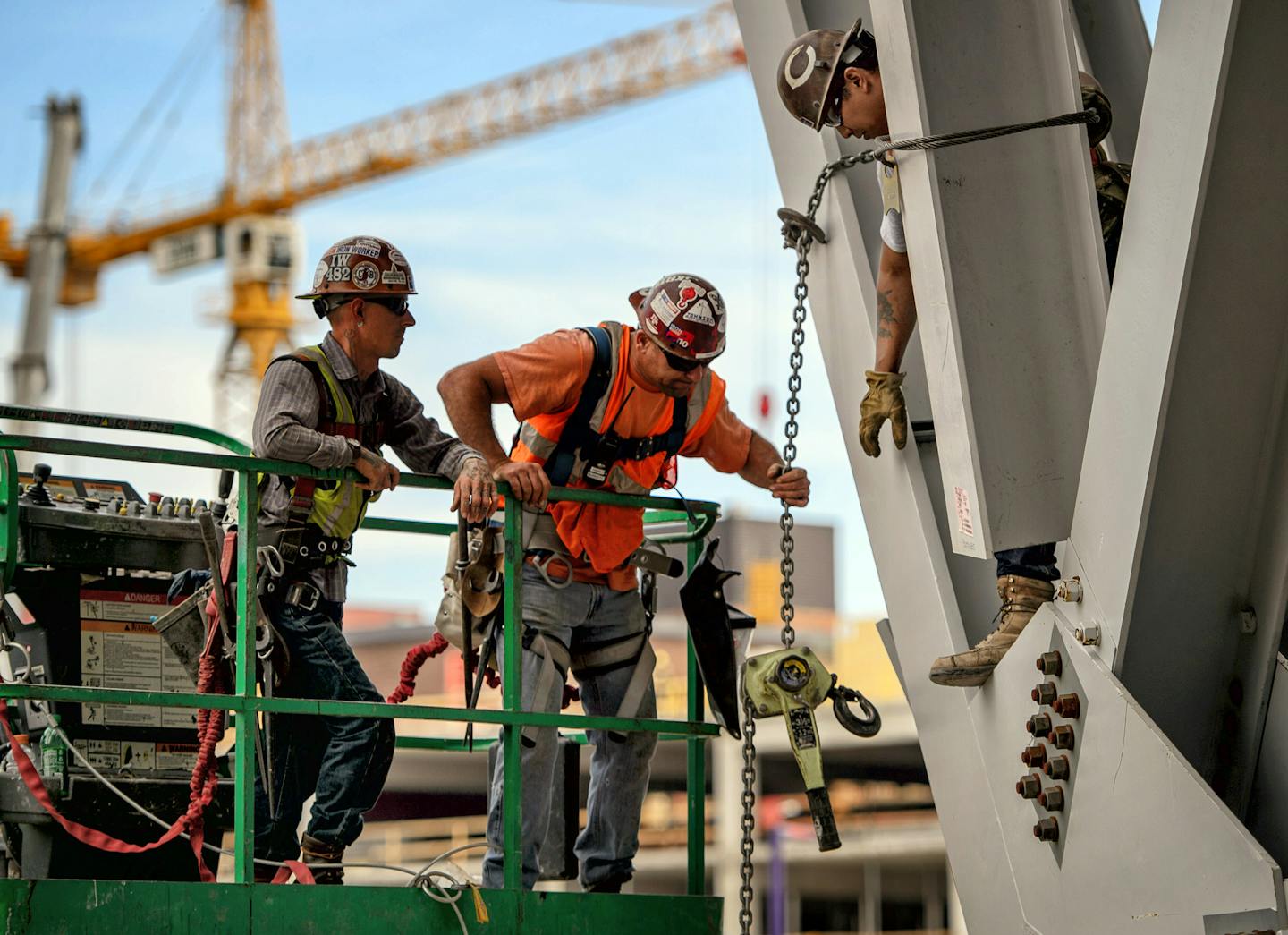 Workers inside the stadium. ] GLEN STUBBE * gstubbe@startribune.com Monday, July 20, 2015 A tour of the USBank Stadium. It has a roof made of ETFE, or ethylene-tetra-fluoro-ethylene. ORG XMIT: MIN1507201415001338