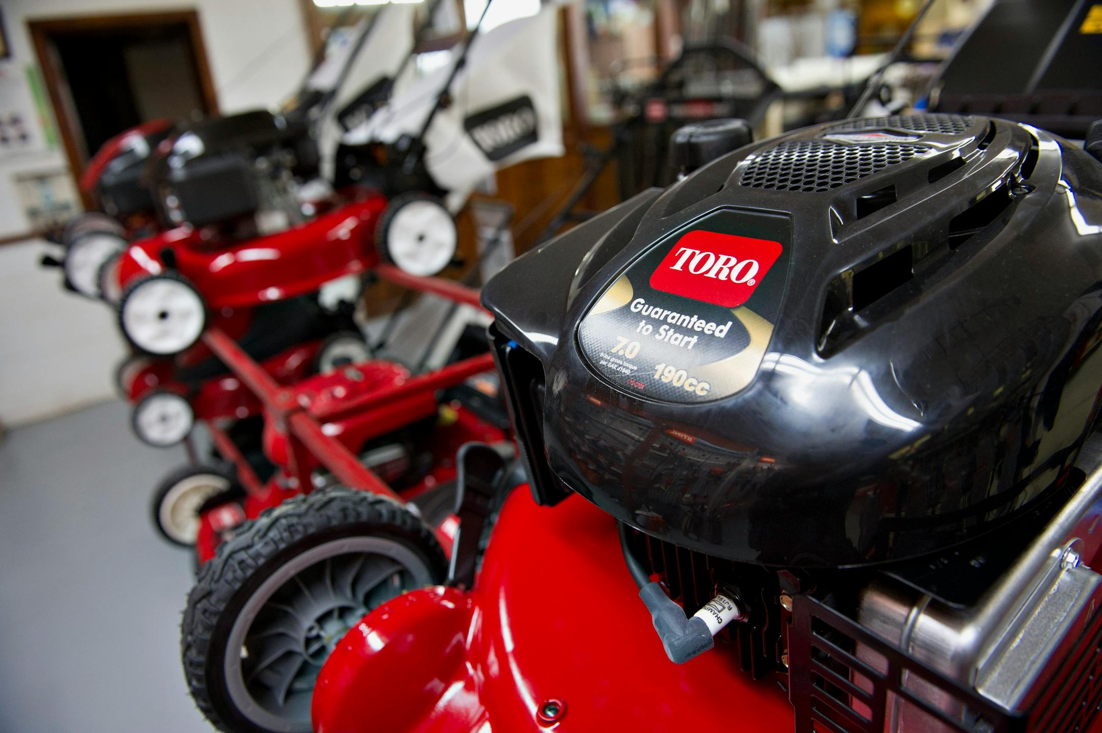 Toro lawn mowers sit on display at Diller-Rod Inc. in Princeton, Illinois, U.S., on Tuesday, April 24, 2012. The U.S. Census Bureau will release a report on durable goods orders for March on April 25, 2012. Photographer: Daniel Acker/Bloomberg