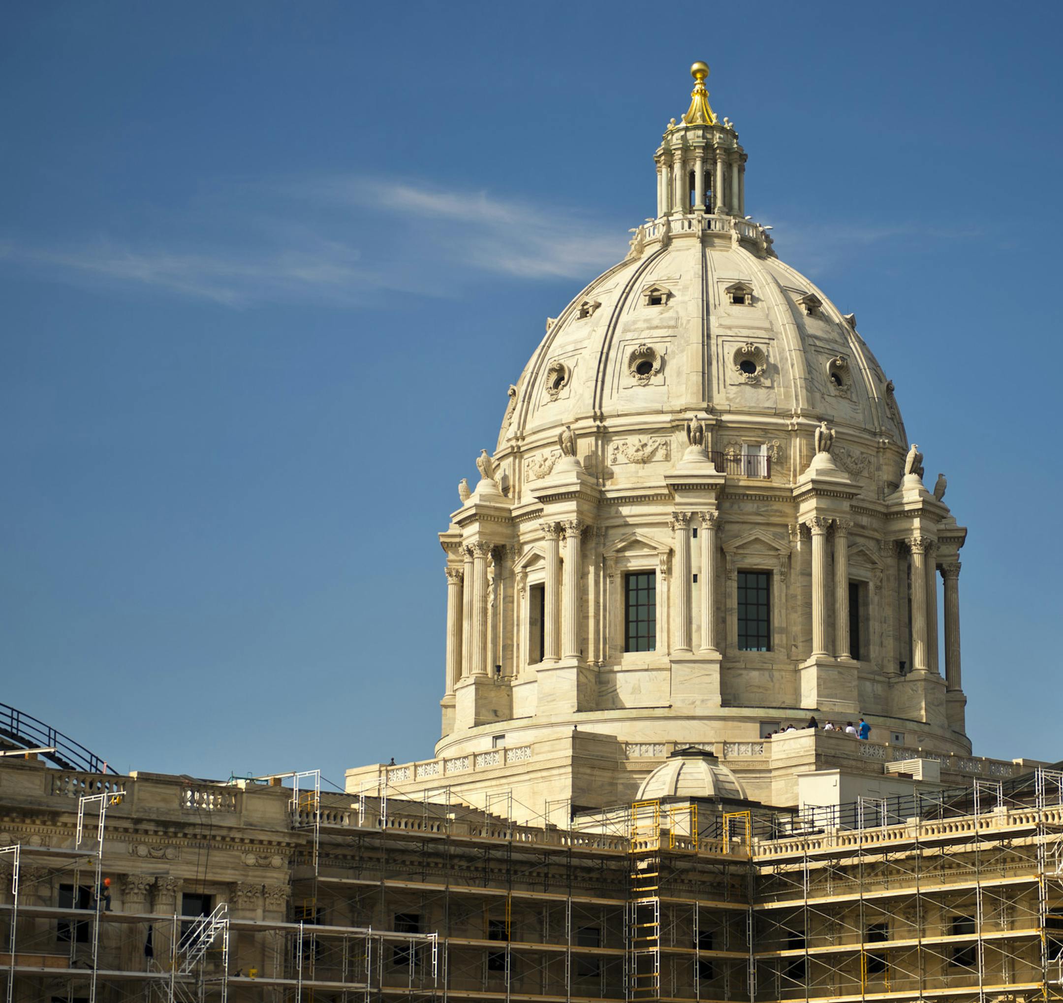 The exterior of the Minnesota State Capitol is covered in scaffolding for a huge renovation project. Tuesday, May 7, 2013 ] GLEN STUBBE * gstubbe@startribune.com ORG XMIT: MIN1305071426150653