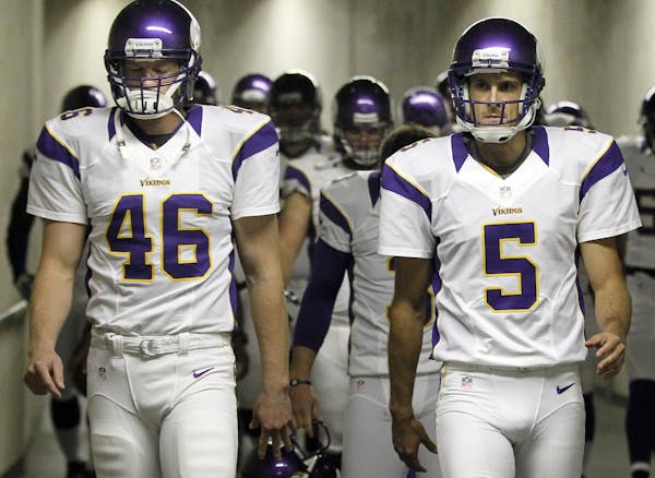 Cullen Loeffler (46) set the record straight in the ongoing dispute between ex-punter Chris Kluwe (5) and Vikings special teams coach Mike Priefer.