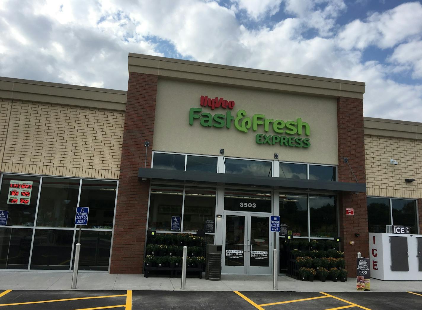 Exterior of the convenience store at the edge of the new Hy-Vee in Robbinsdale.