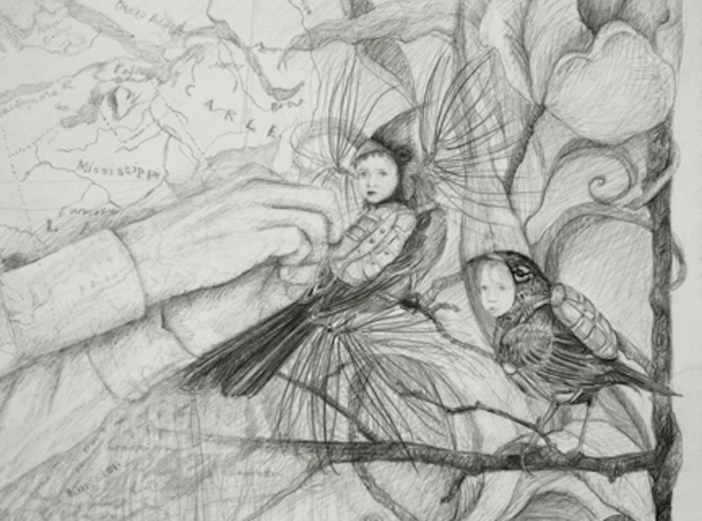 Amy DiGennaro depicts her children as tiny birds in this detail from her magical drawing "Christine the Intrepid, Hours of Bona Sforza."