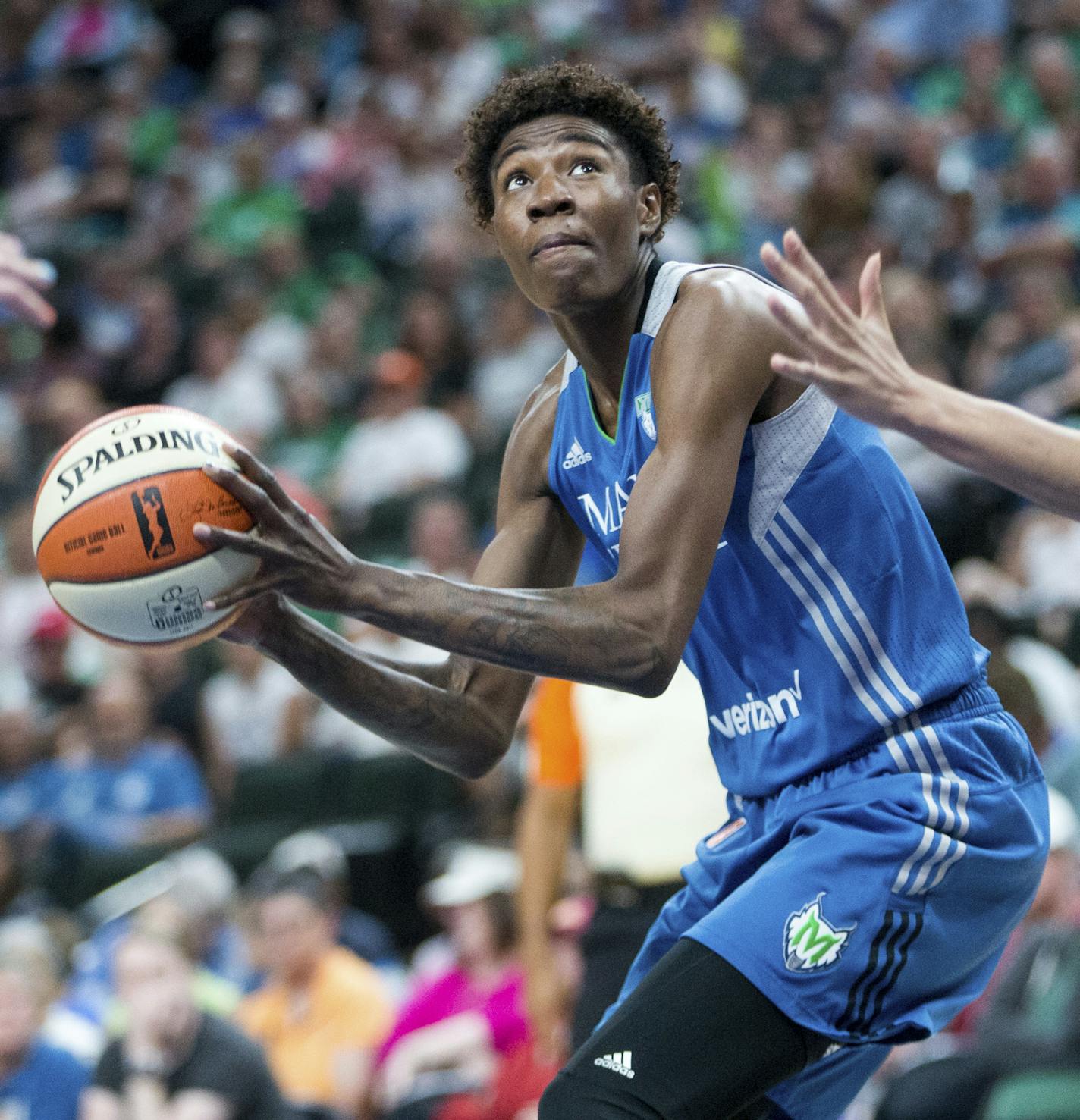 Minnesota Lynx forward Natasha Howard looks to shoot during a WNBA basketball game against the Phoenix Mercury, Sunday, July 16, 2017 in Minneapolis. (Courtney Pedroza/Star Tribune via AP)