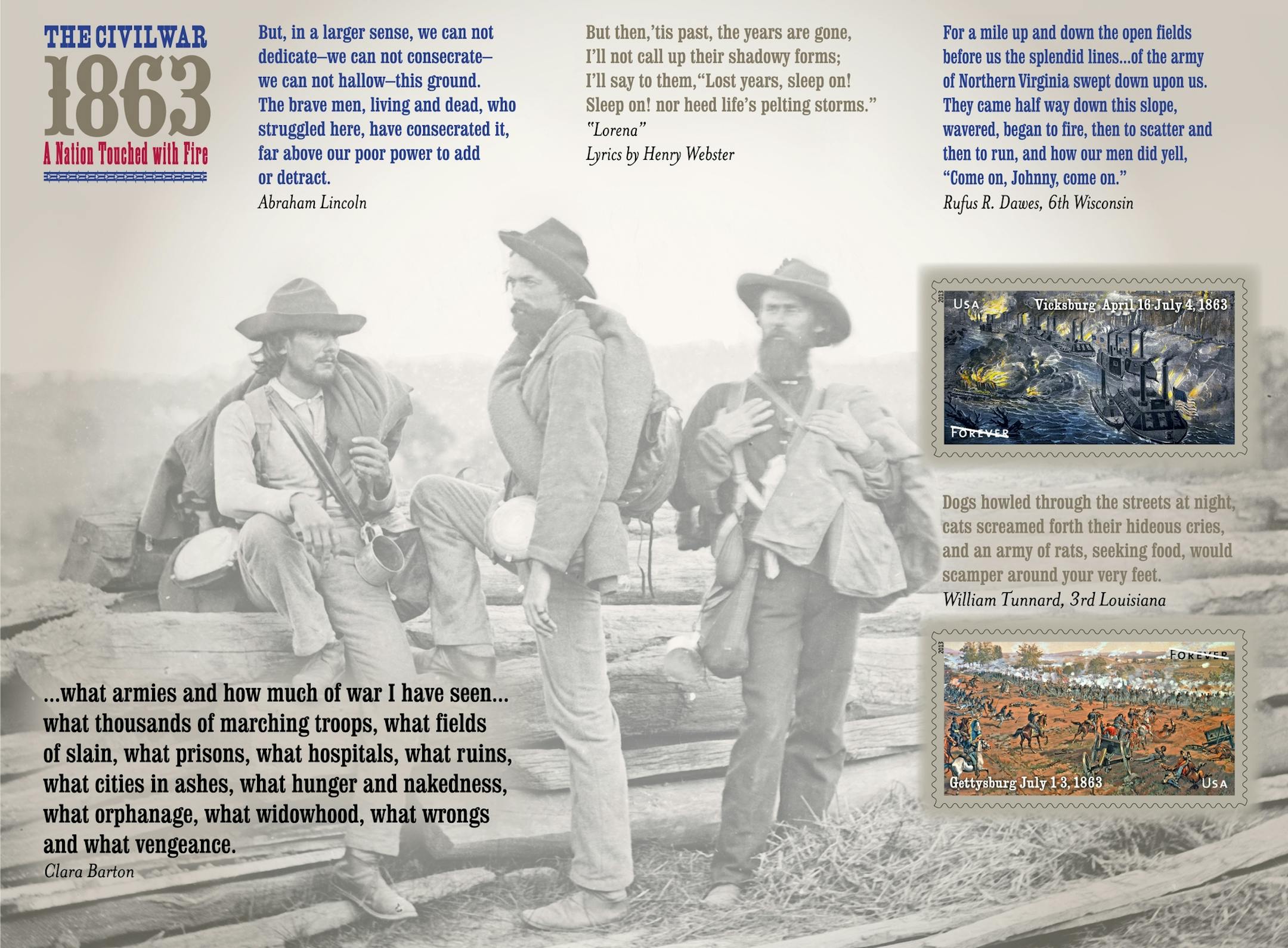 In this undated handout image released by the U.S. Postal Service, the back of the Postal Service's Civil War 1863 Battle of Gettysburg and Battle of Vicksburg Forever stamp sheet is shown. (AP Photo/U.S. Postal Service)